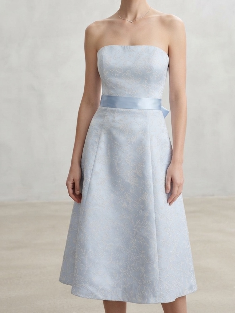 Y2K Strapless Light Blue Jacquard Midi Dress with Satin Waistband Size 10 Large